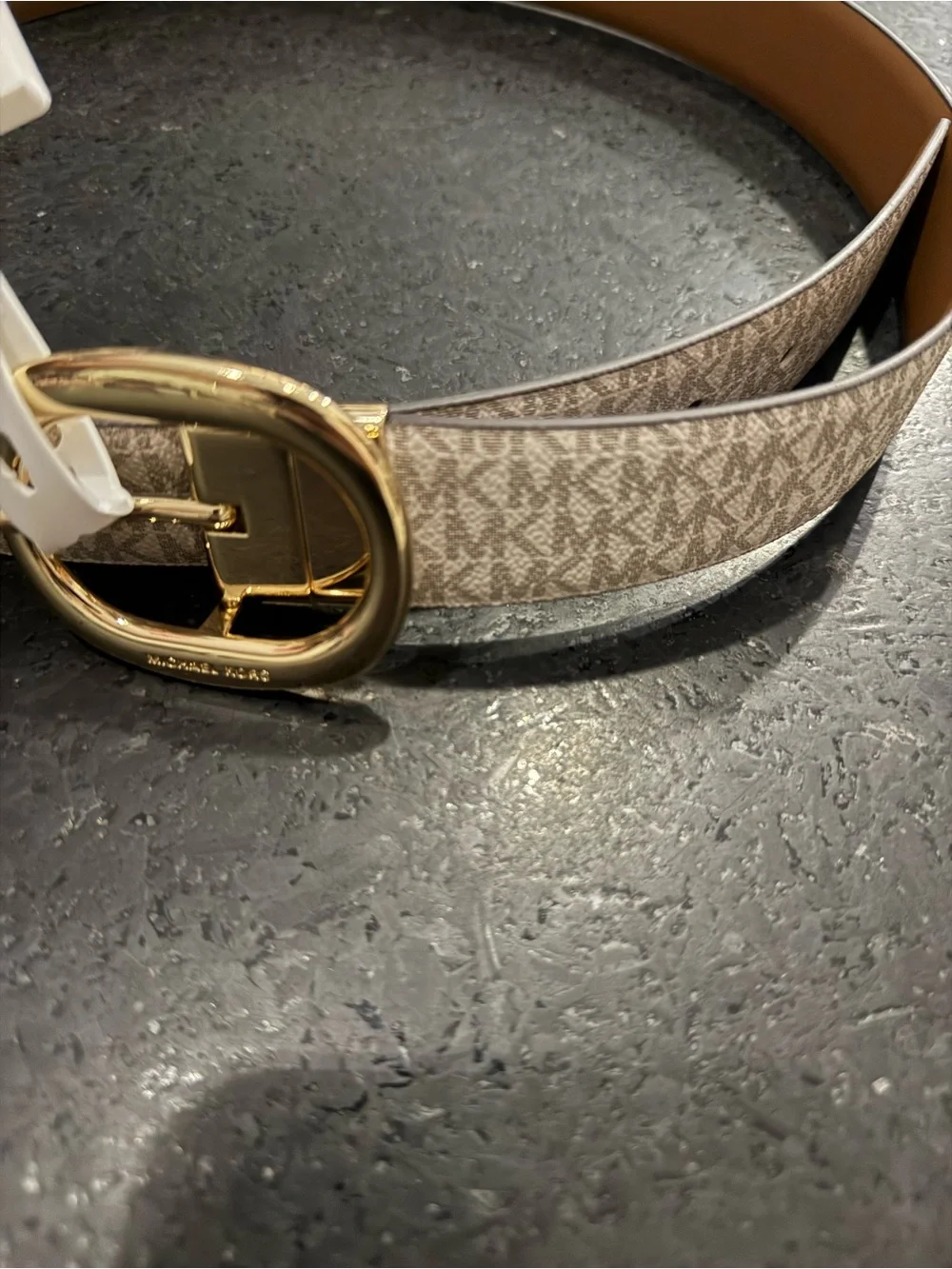 NEW Michael Kors REVERSIBLE Beige Logo & Cognac Brown Belt Gold Oval Buckle SZ M